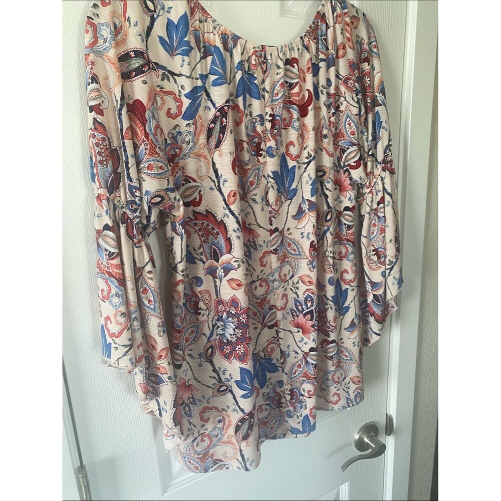 NAIF Tunic Light Pink Blue Red Coral Floral & Paisley Tie-Neck Split Sleeve Sz L - Picture 7 of 11